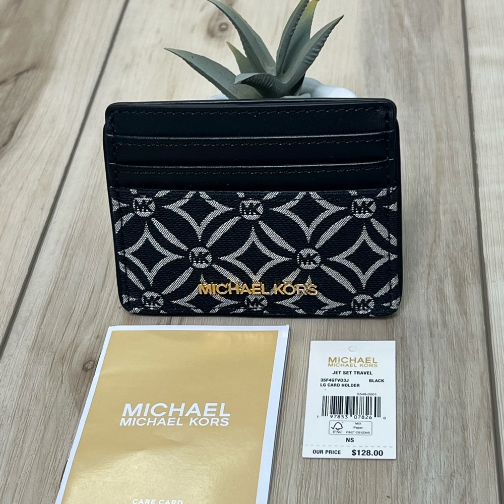Michael Kors Jet Set Travel Large Black Jacquard Card Case Holder NWT